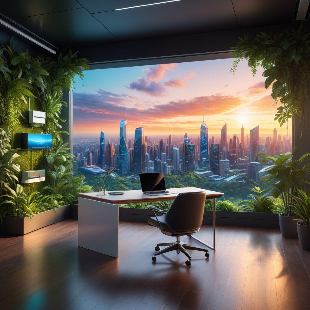 A futuristic workspace filled with sleek, innovative gadgets like smart glasses, a voice-activated assistant, and a holographic display, surrounded by lush greenery to symbolize self-improvement. The scene should have a warm, inviting light, portraying a harmonious blend of technology and nature, inspiring productivity and wellness. The background should feature a modern city skyline, representing progress and innovation. super-realistic. vibrant colors. 3D.