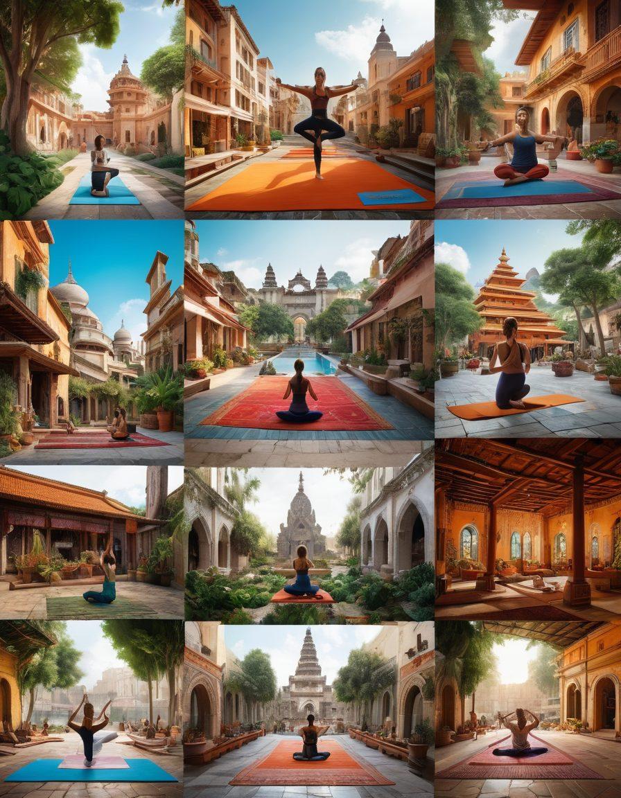 A vibrant collage depicting various cultural elements from around the world, such as traditional foods, wellness practices, and modern urban scenes. Include a serene landscape with people practicing yoga, surrounded by architectural marvels from different cultures. The image should feel immersive and inspiring, evoking a sense of adventure and exploration. super-realistic. vibrant colors. 3D.