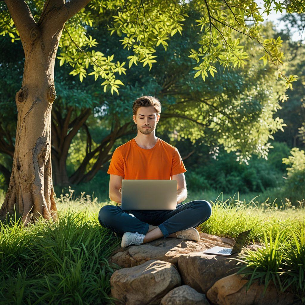 A serene scene showcasing a person meditating with a laptop and smartphone beside them, surrounded by nature, blending elements of technology and mindfulness. Include vibrant foliage and soft sunlight to create a peaceful atmosphere, symbolizing balance between lifestyle and digital life. super-realistic. vibrant colors. calming background.